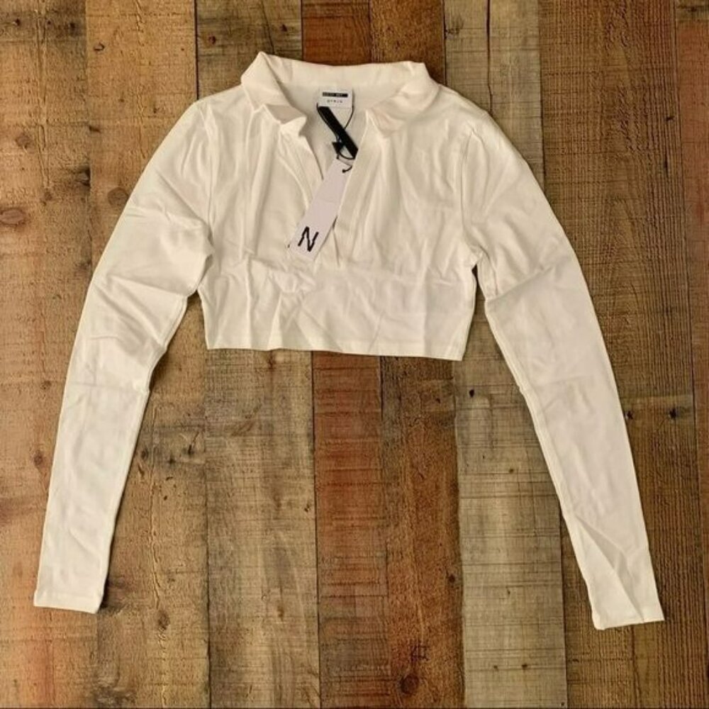 Noisy may women's size XS long sleeve crop top polo with v neck in white NWTs